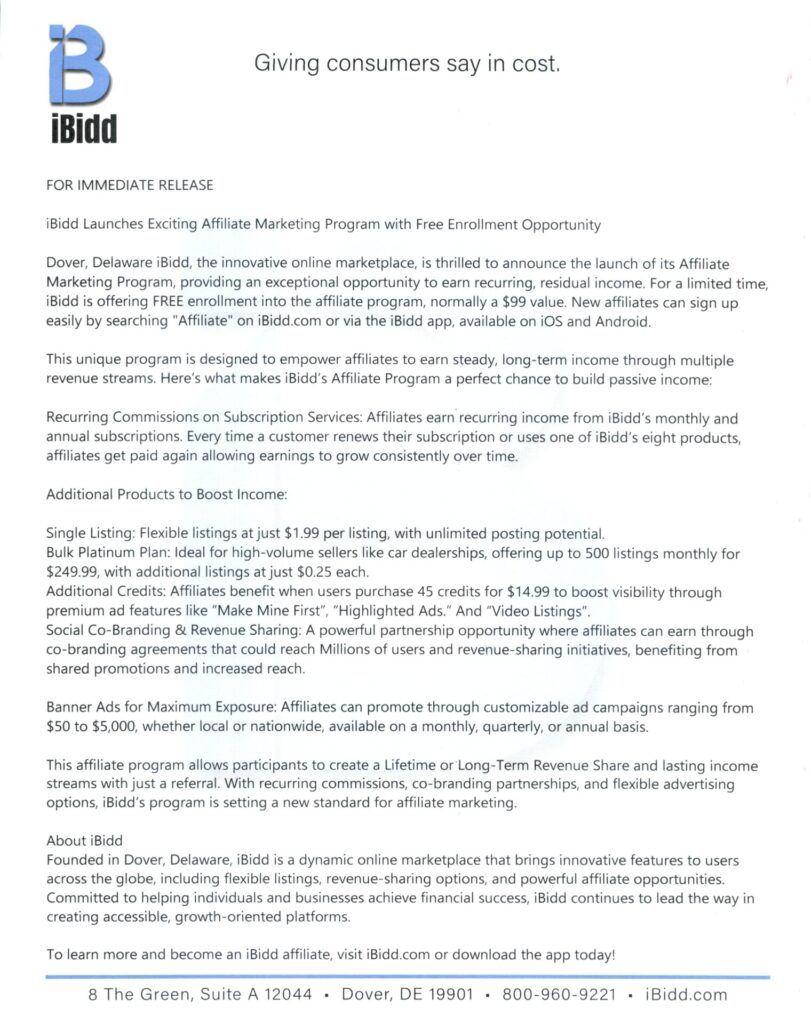 iBidd Launches Exciting Affiliate Marketing Program with Free Enrollment Opportunity